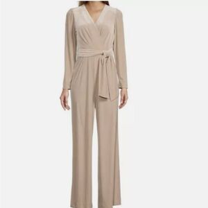 Antonio Melani Miranda long-sleeve V neck wide leg beige velvet jumpsuit sz 10